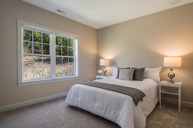 bedroom featuring visible vents, baseboards, and carpet floors