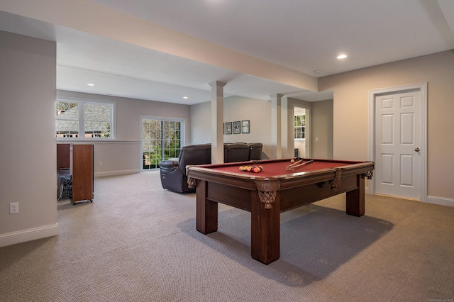 rec room with recessed lighting, billiards, carpet, and baseboards