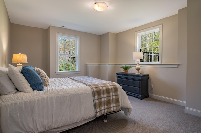 bedroom with baseboards, carpet, visible vents, and multiple windows