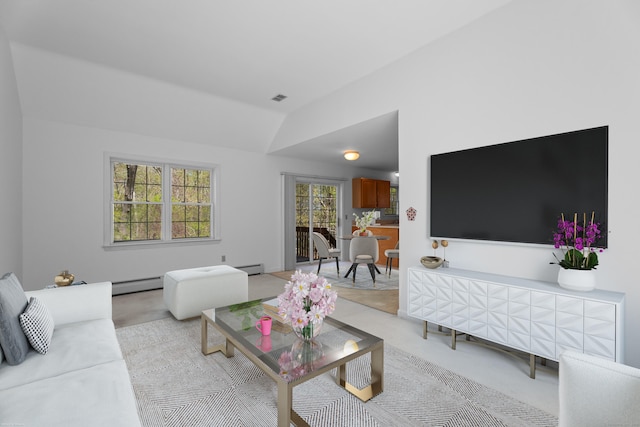 4 Davis Farm Rd, Clinton, CT 06413 - living area with a baseboard heating unit, lofted ceiling, and a baseboard radiator