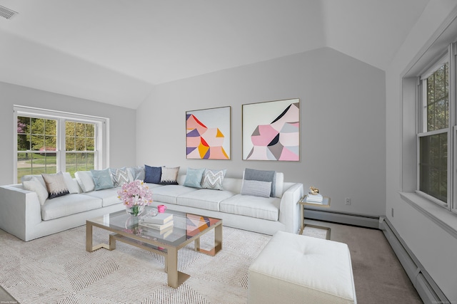 4 Davis Farm Rd, Clinton, CT 06413 - living room featuring lofted ceiling, a baseboard heating unit, healthy amount of natural light, and carpet