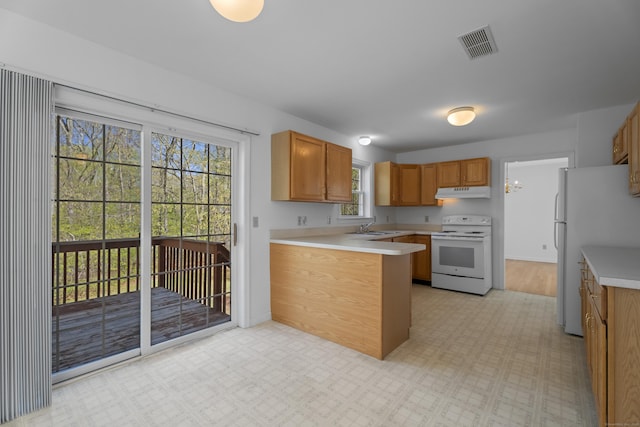 4 Davis Farm Rd, Clinton, CT 06413 - kitchen with white appliances, under cabinet range hood, a peninsula, a sink, and light countertops