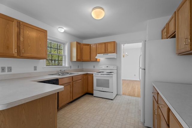 4 Davis Farm Rd, Clinton, CT 06413 - kitchen with white appliances, a sink, light floors, under cabinet range hood, and light countertops
