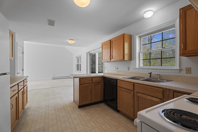 4 Davis Farm Rd, Clinton, CT 06413 - kitchen with dishwasher, white electric range oven, a sink, a baseboard radiator, and light countertops