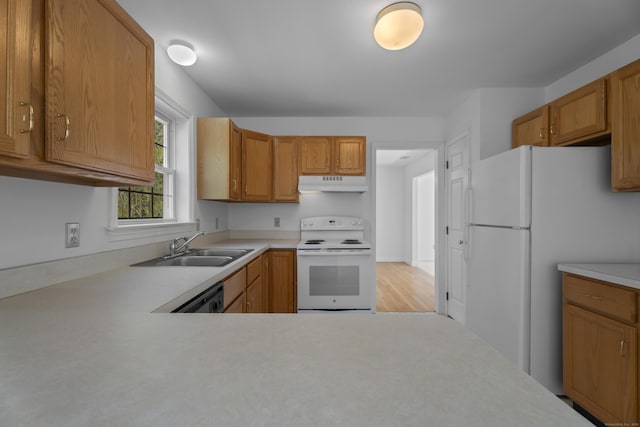 4 Davis Farm Rd, Clinton, CT 06413 - kitchen with white appliances, under cabinet range hood, a sink, and light countertops