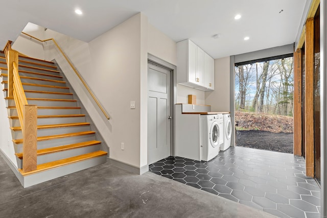 32 Cream Pot Rd, Clinton, CT 06413 - laundry area with baseboards, cabinet space, recessed lighting, and independent washer and dryer