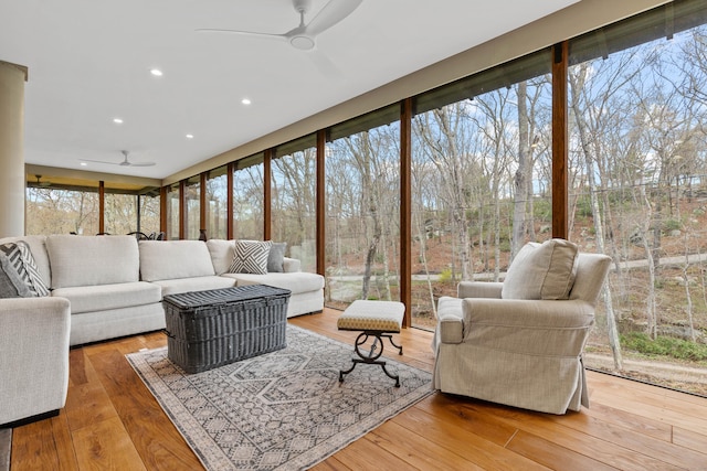32 Cream Pot Rd, Clinton, CT 06413 - living area with recessed lighting, floor to ceiling windows, ceiling fan, and hardwood / wood-style flooring