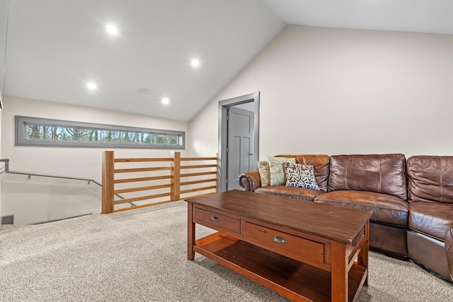 32 Cream Pot Rd, Clinton, CT 06413 - carpeted living area with recessed lighting, visible vents, and high vaulted ceiling