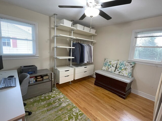 mudroom featuring light wood finished floors, ceiling fan, and baseboards