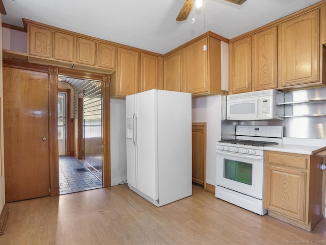 kitchen with open shelves, white appliances, light wood-style floors, light countertops, and a ceiling fan