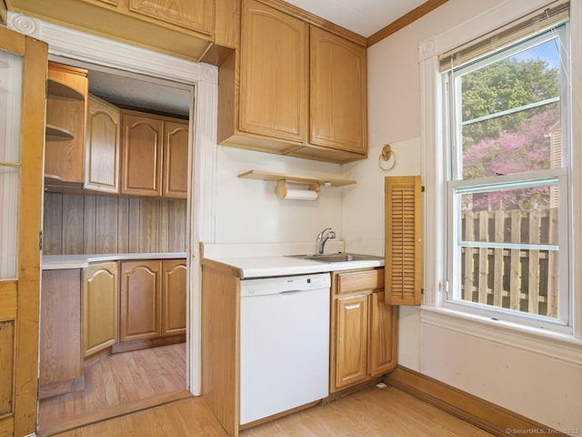 kitchen featuring light wood-style floors, white dishwasher, open shelves, and a sink