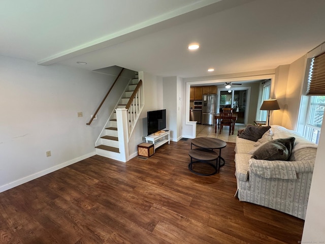 17 Green Rd, Vernon, CT 06066 - living room with stairway, wood finished floors, baseboards, recessed lighting, and a ceiling fan