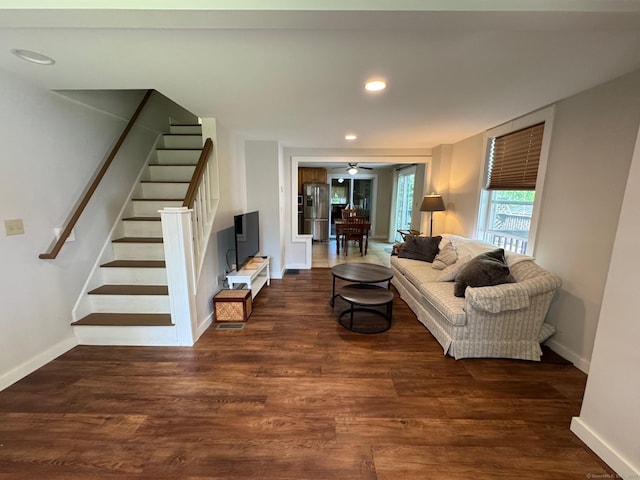 17 Green Rd, Vernon, CT 06066 - living room with stairway, baseboards, a ceiling fan, wood finished floors, and recessed lighting