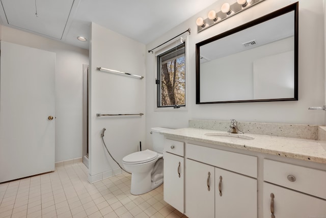full bath featuring visible vents, tile patterned floors, vanity, toilet, and recessed lighting