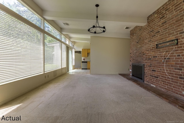 unfurnished living room with light colored carpet, beamed ceiling, visible vents, and an inviting chandelier