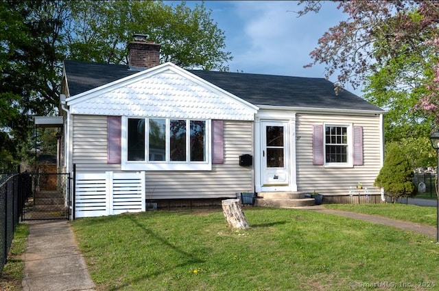 bungalow featuring a front lawn, fence, roof with shingles, a chimney, and a gate