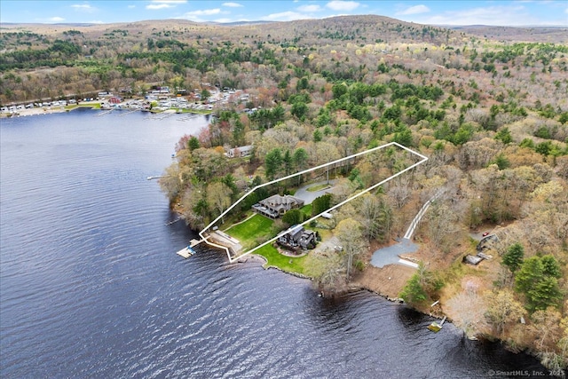 drone / aerial view with a forest view and a water view