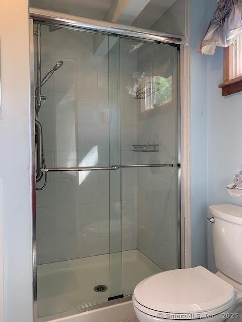 full bathroom featuring toilet and a shower stall
