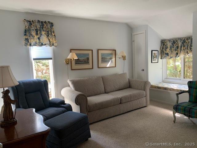 carpeted living room featuring lofted ceiling