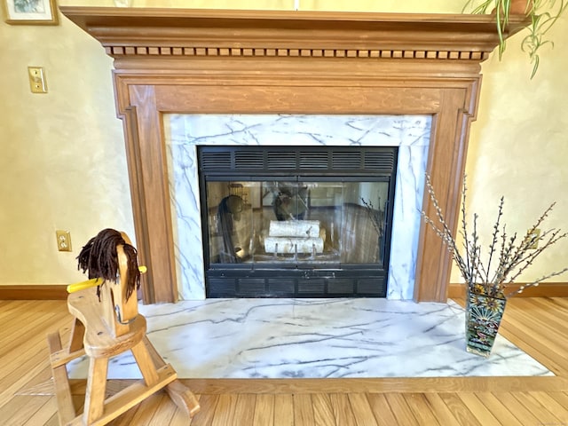 details with baseboards, wood finished floors, and a premium fireplace