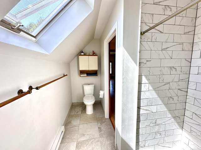 bathroom featuring a baseboard radiator, toilet, lofted ceiling with skylight, and marble finish floor