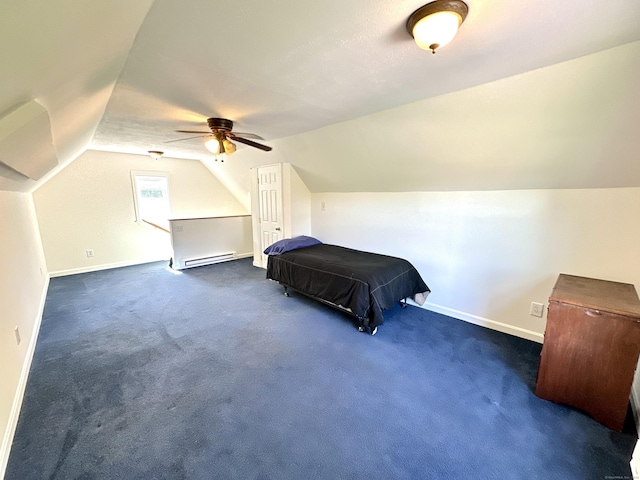 bedroom with baseboards, a baseboard radiator, vaulted ceiling, and dark colored carpet