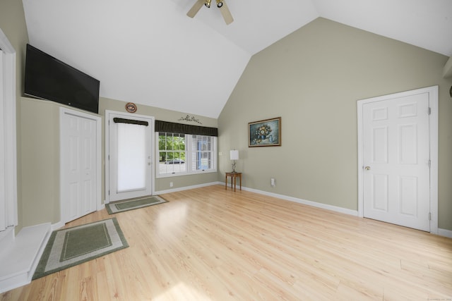 3 Eastwood Dr, Granby, CT 06060 - unfurnished living room featuring lofted ceiling, wood finished floors, and ceiling fan