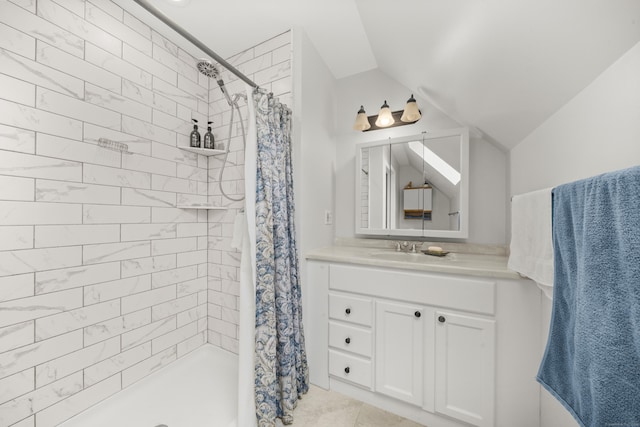 3 Eastwood Dr, Granby, CT 06060 - bathroom with vaulted ceiling, a stall shower, and vanity