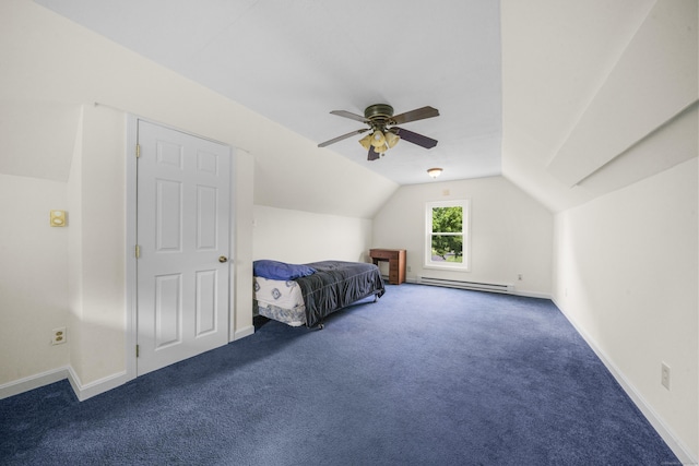 3 Eastwood Dr, Granby, CT 06060 - bedroom with a baseboard radiator, lofted ceiling, carpet, a ceiling fan, and baseboards