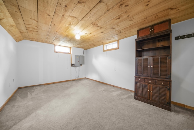 3 Eastwood Dr, Granby, CT 06060 - below grade area with carpet flooring, wooden ceiling, baseboards, and electric panel