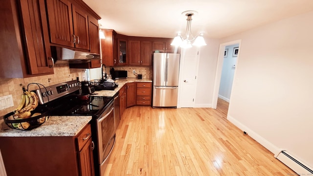 283 Hillcrest Ave, Newington, CT 06111 - kitchen featuring stainless steel appliances, a baseboard heating unit, under cabinet range hood, tasteful backsplash, and light wood finished floors