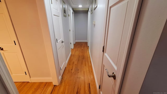 283 Hillcrest Ave, Newington, CT 06111 - hall featuring light wood-type flooring, attic access, baseboards, and recessed lighting