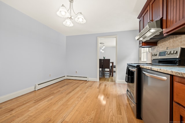 283 Hillcrest Ave, Newington, CT 06111 - kitchen with stainless steel appliances, a chandelier, ventilation hood, a baseboard radiator, and light wood-style floors