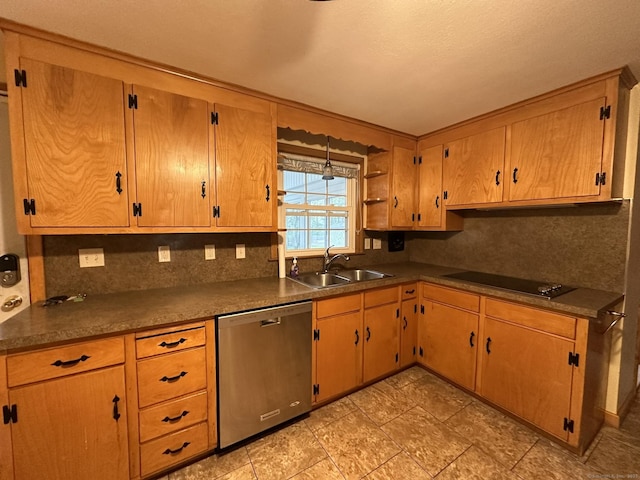 kitchen with open shelves, black electric stovetop, a sink, dishwasher, and tasteful backsplash