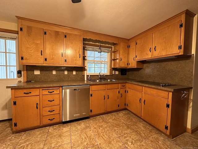 kitchen with a sink, decorative backsplash, stainless steel dishwasher, and black electric stovetop