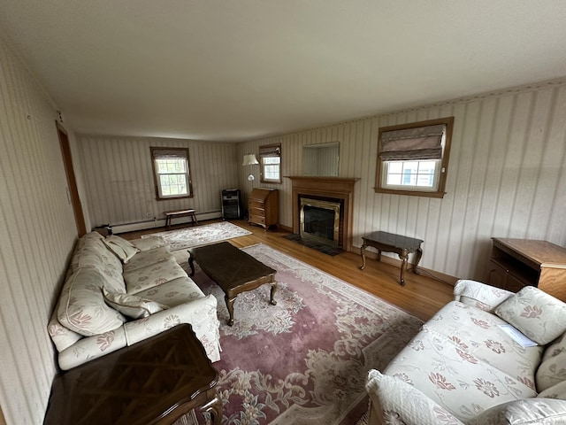 living room with baseboard heating, a fireplace with flush hearth, plenty of natural light, and wood finished floors