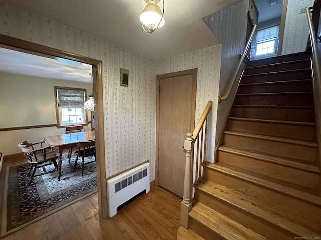 stairway with radiator heating unit, wallpapered walls, wood finished floors, and a wealth of natural light