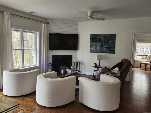 living area featuring ceiling fan, visible vents, a large fireplace, and wood finished floors