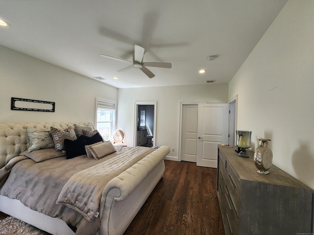 bedroom featuring recessed lighting, ceiling fan, dark wood-style floors, and visible vents