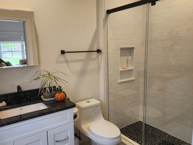bathroom with vanity, a shower stall, and toilet