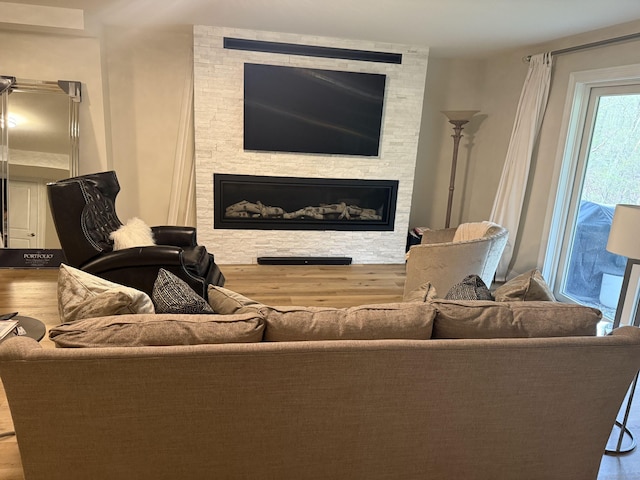living room featuring a stone fireplace and wood finished floors