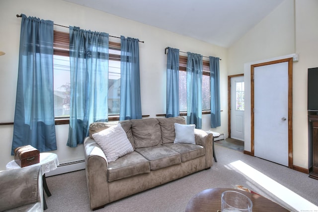 living area with carpet flooring and vaulted ceiling