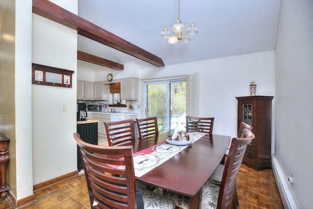 dining area with baseboards, beam ceiling, and a chandelier