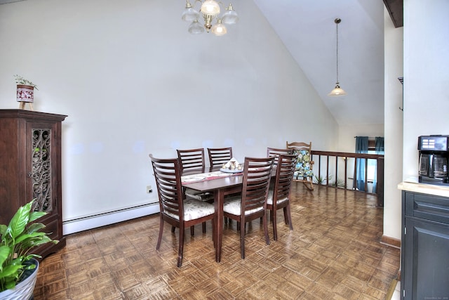 dining space featuring baseboards, high vaulted ceiling, a chandelier, and baseboard heating