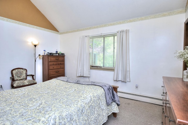 bedroom with carpet flooring, a baseboard heating unit, and vaulted ceiling