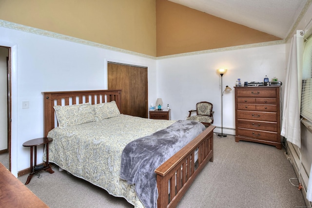 carpeted bedroom featuring a closet, baseboards, a baseboard heating unit, and high vaulted ceiling