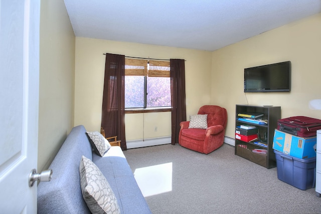 carpeted living room with a baseboard radiator