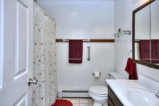 bathroom featuring vanity, tile patterned floors, a baseboard heating unit, toilet, and a shower with shower curtain