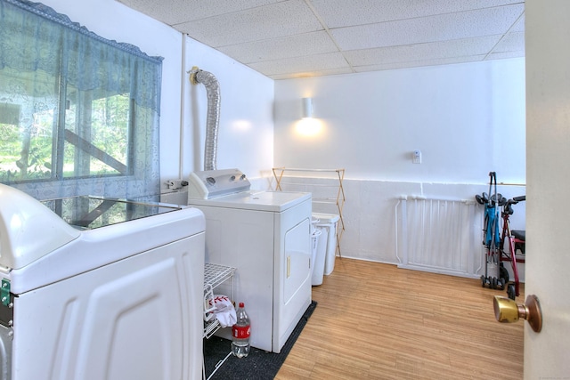 washroom featuring laundry area, washer and clothes dryer, and light wood-style flooring