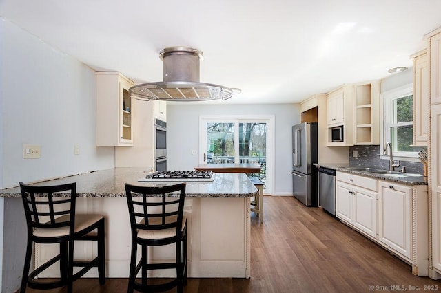 38 Black Bridge Rd, Newtown, CT 06482 - kitchen featuring island range hood, open shelves, a sink, a peninsula, and stainless steel appliances